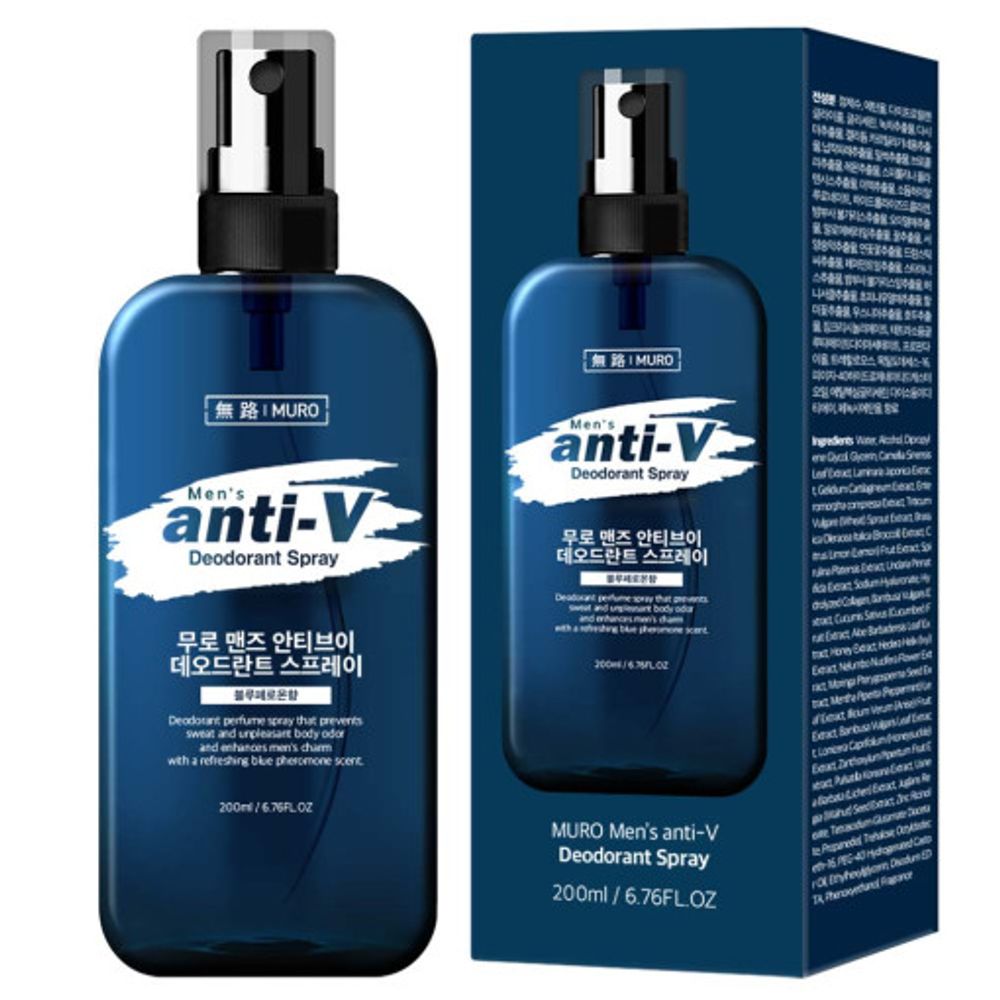 [MURO] Men’s Anti-V All-in-One Deodorant Spray 200ml – Odor Control with Zinc, Green Tea & Peppermint for Sweat Suppression & Skin Refreshment - Made in Korea